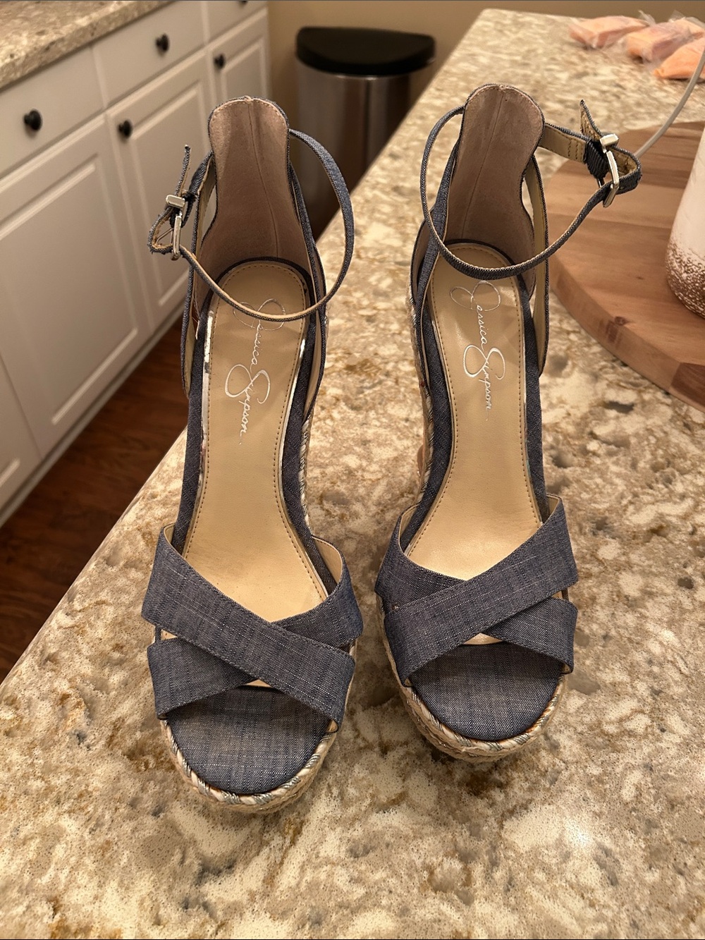 Jessica Simpson Denim Blue Espadrille Wedge Sandals with Ankle Strap